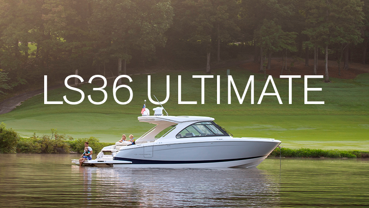 Regal LS36 luxury boat slicing through open water with powerful performance and elegant design