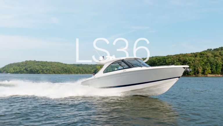 Regal LS36 luxury boat slicing through open water with powerful performance and elegant design